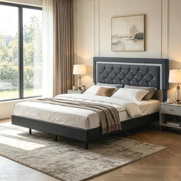 English Elm Queen Platform Bed Faux Leather Tufted Headboard with RGB LED Ambient Light Strip B347P569106