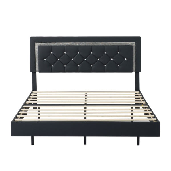 English Elm Queen Platform Bed Faux Leather Tufted Headboard with RGB LED Ambient Light Strip B347P569106