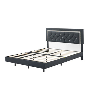 English Elm Queen Platform Bed Faux Leather Tufted Headboard with RGB LED Ambient Light Strip B347P569106