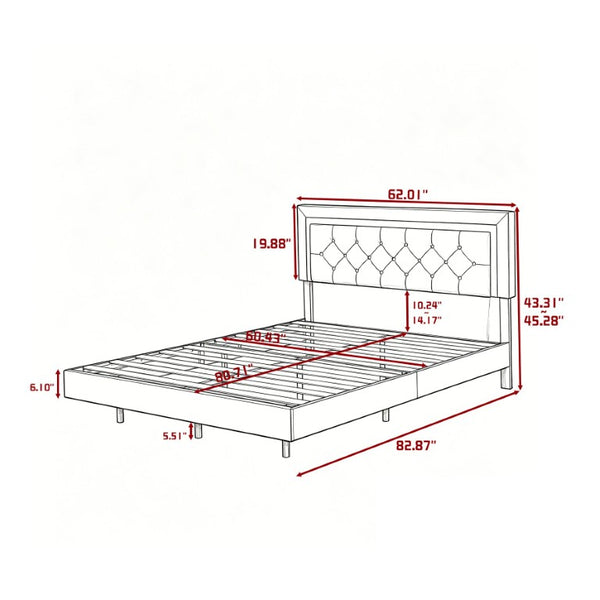 English Elm Queen Platform Bed Faux Leather Tufted Headboard with RGB LED Ambient Light Strip B347P569106