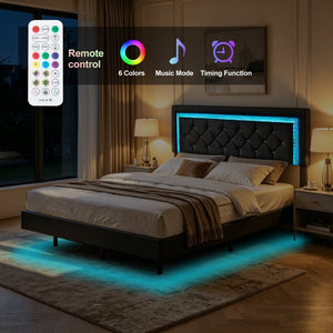 English Elm Queen Platform Bed Faux Leather Tufted Headboard with RGB LED Ambient Light Strip B347P569106