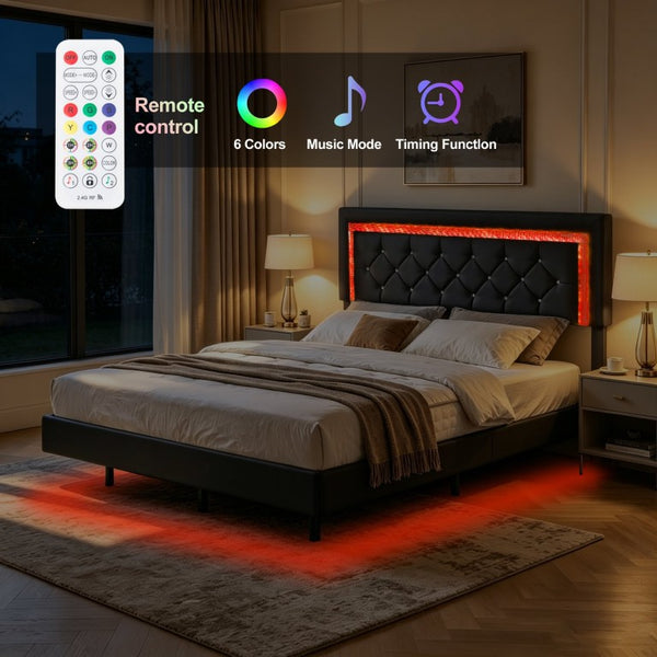 English Elm Queen Platform Bed Faux Leather Tufted Headboard with RGB LED Ambient Light Strip B347P569106