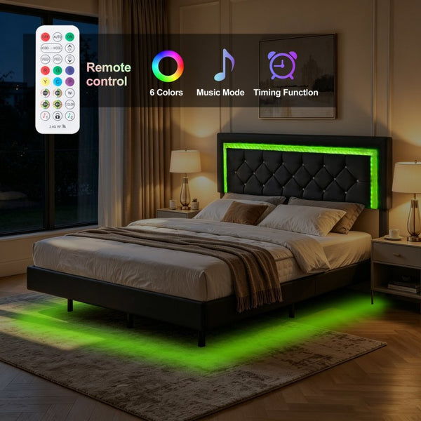 English Elm Queen Platform Bed Faux Leather Tufted Headboard with RGB LED Ambient Light Strip B347P569106