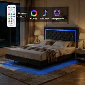 English Elm Queen Platform Bed Faux Leather Tufted Headboard with RGB LED Ambient Light Strip B347P569106