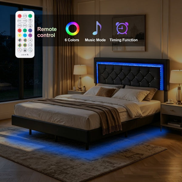 English Elm Queen Platform Bed Faux Leather Tufted Headboard with RGB LED Ambient Light Strip B347P569106