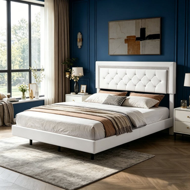 English Elm Queen Platform Bed Faux Leather Tufted Headboard with RGB LED Ambient Lighting B347P569110