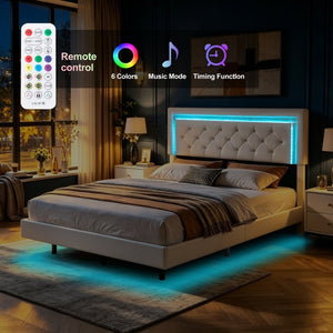 English Elm Queen Platform Bed Faux Leather Tufted Headboard with RGB LED Ambient Lighting B347P569110