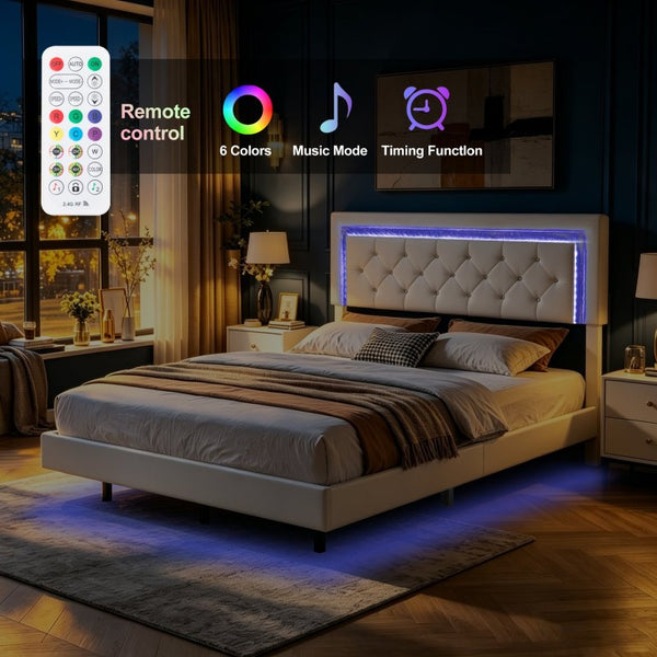English Elm Queen Platform Bed Faux Leather Tufted Headboard with RGB LED Ambient Lighting B347P569110