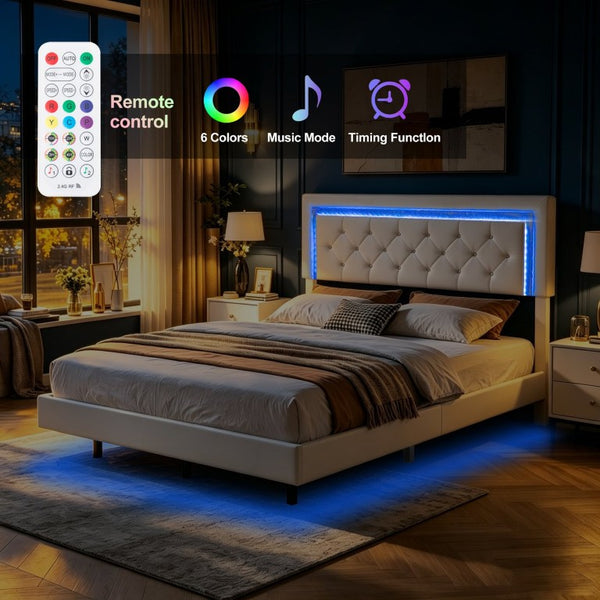 English Elm Queen Platform Bed Faux Leather Tufted Headboard with RGB LED Ambient Lighting B347P569110