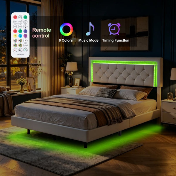 English Elm Queen Platform Bed Faux Leather Tufted Headboard with RGB LED Ambient Lighting B347P569110