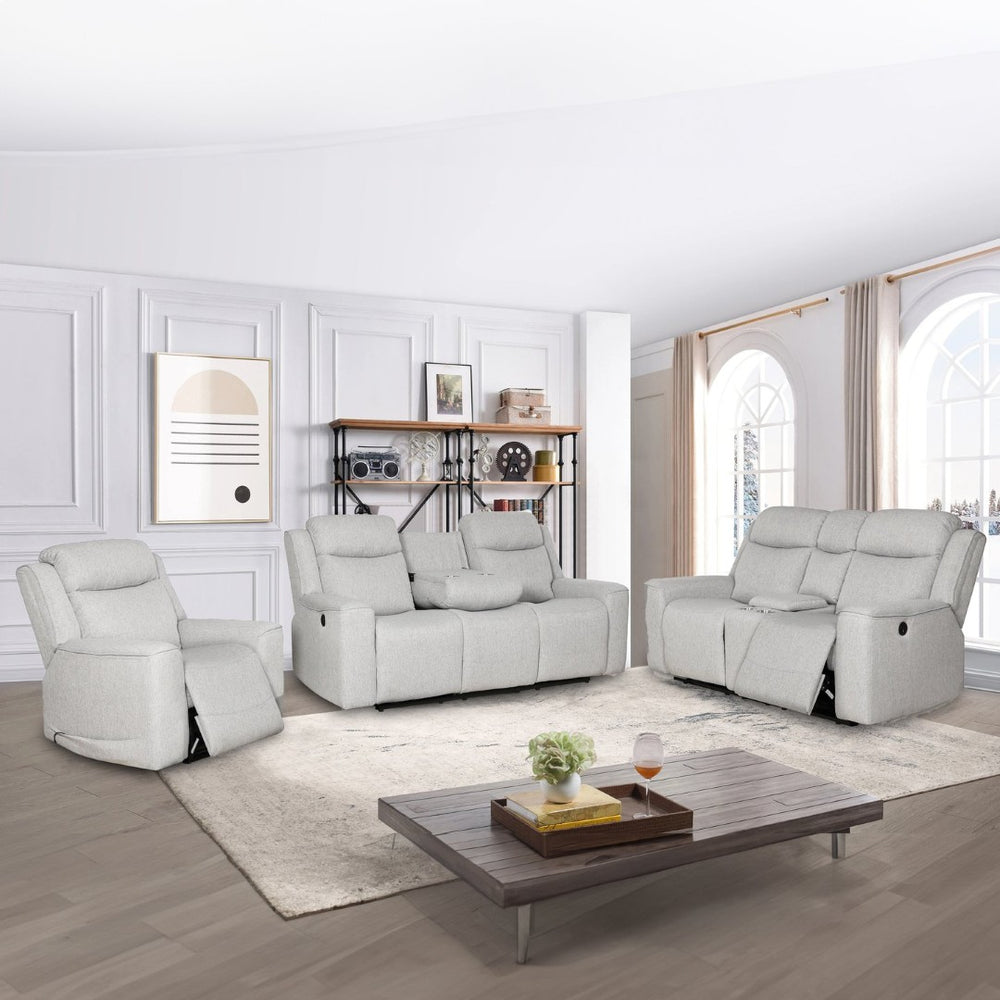 English Elm Contemporary Gray Upholstered Living Room Set with Recliner Sofa and Storage Console B347S00001