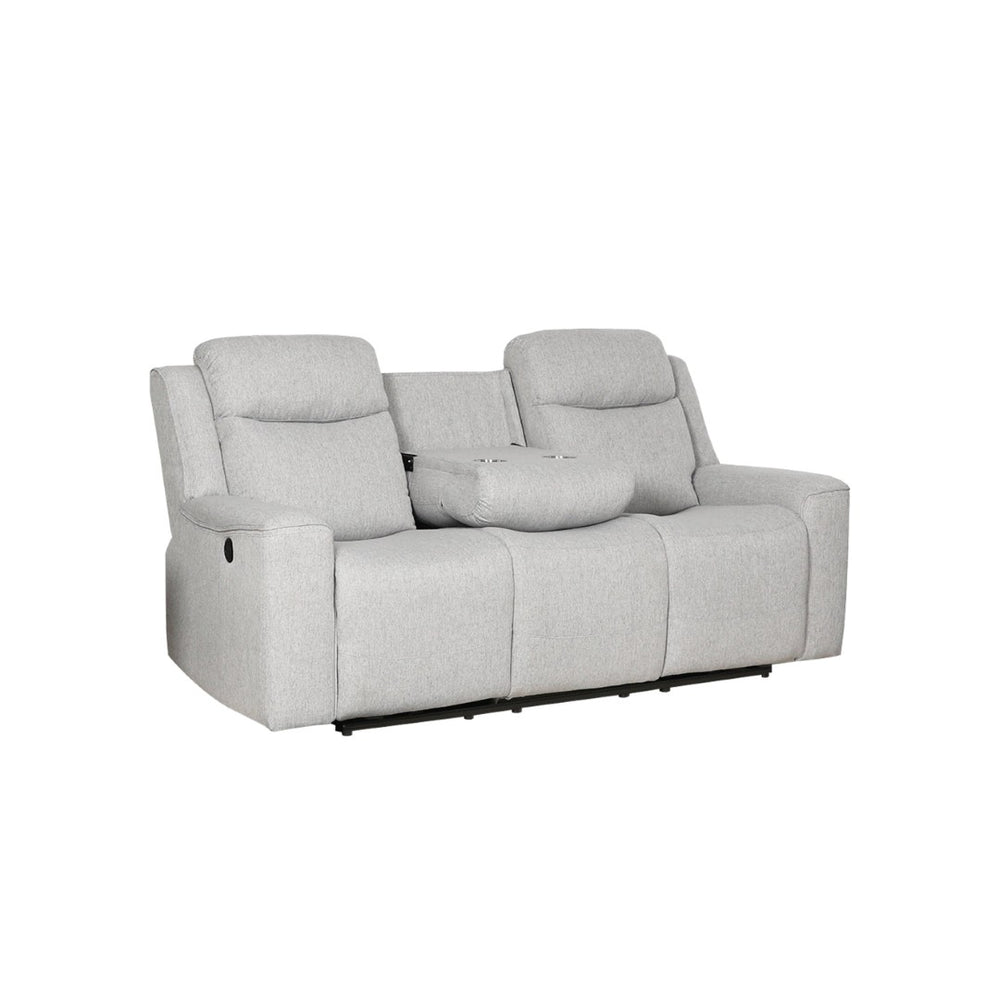 English Elm Contemporary Gray Upholstered Living Room Set with Recliner Sofa and Storage Console B347S00001