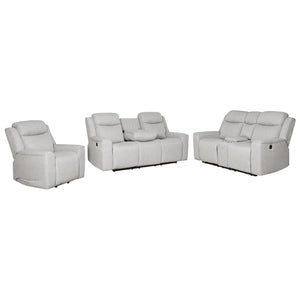 English Elm Contemporary Gray Upholstered Living Room Set with Recliner Sofa and Storage Console B347S00001