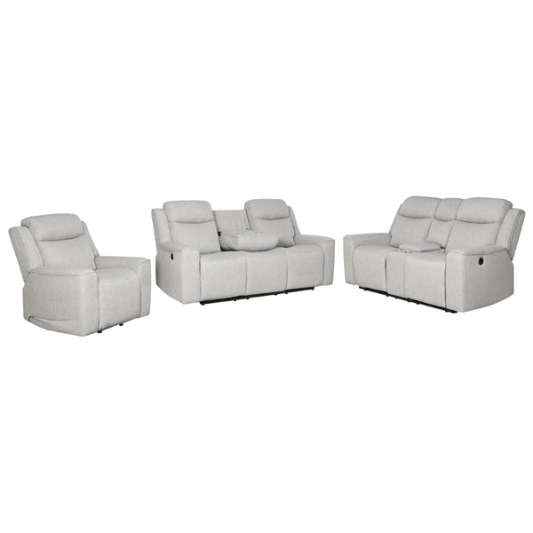English Elm Contemporary Gray Upholstered Living Room Set with Recliner Sofa and Storage Console B347S00001