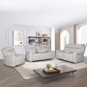 English Elm Contemporary Gray Upholstered Living Room Set with Recliner Sofa and Storage Console B347S00001
