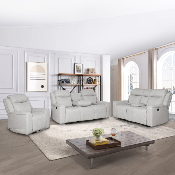 English Elm Contemporary Gray Upholstered Living Room Set with Recliner Sofa and Storage Console B347S00001