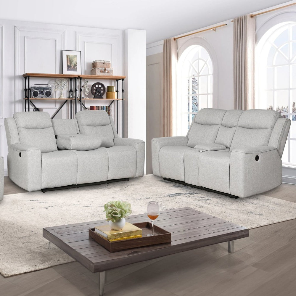 English Elm Contemporary Polyester Sofa and Loveseat Set with Console Storage and Cup Holders B347S00002