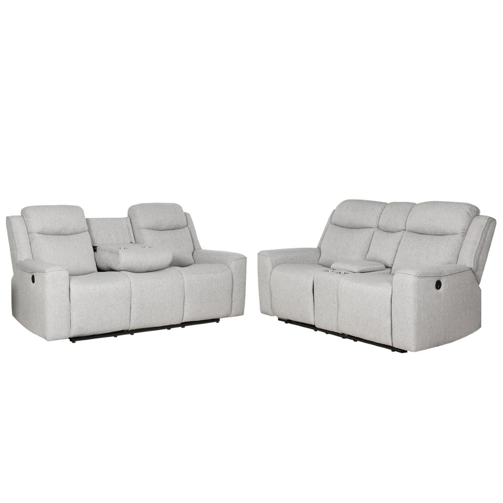 English Elm Contemporary Polyester Sofa and Loveseat Set with Console Storage and Cup Holders B347S00002