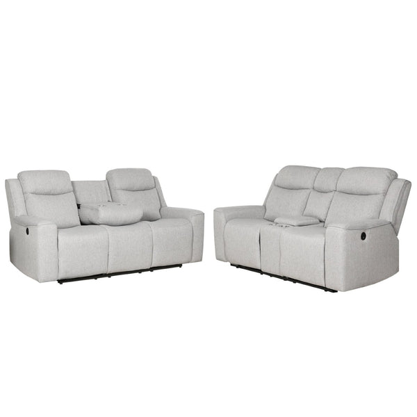 English Elm Contemporary Polyester Sofa and Loveseat Set with Console Storage and Cup Holders B347S00002