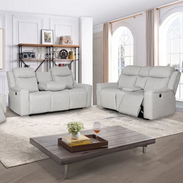 English Elm Contemporary Polyester Sofa and Loveseat Set with Console Storage and Cup Holders B347S00002