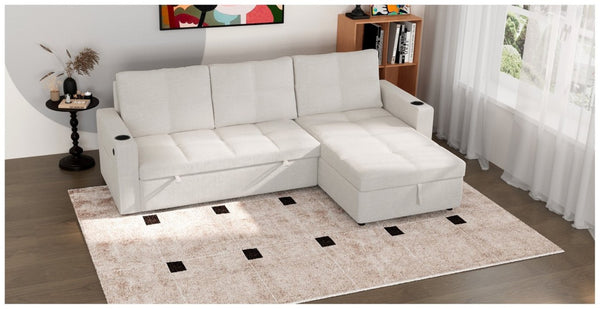 English Elm Convertible Sectional Sleeper Sofa with Hidden Storage USB Port and Cup Holders Beige B347S00018