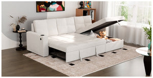 English Elm Convertible Sectional Sleeper Sofa with Hidden Storage USB Port and Cup Holders Beige B347S00018