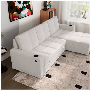 English Elm Convertible Sectional Sleeper Sofa with Hidden Storage USB Port and Cup Holders Beige B347S00018