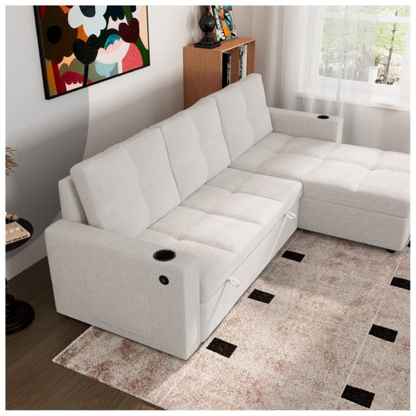 English Elm Convertible Sectional Sleeper Sofa with Hidden Storage USB Port and Cup Holders Beige B347S00018