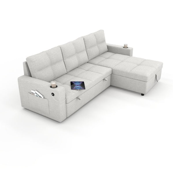 English Elm Convertible Sectional Sleeper Sofa with Hidden Storage USB Port and Cup Holders Beige B347S00018