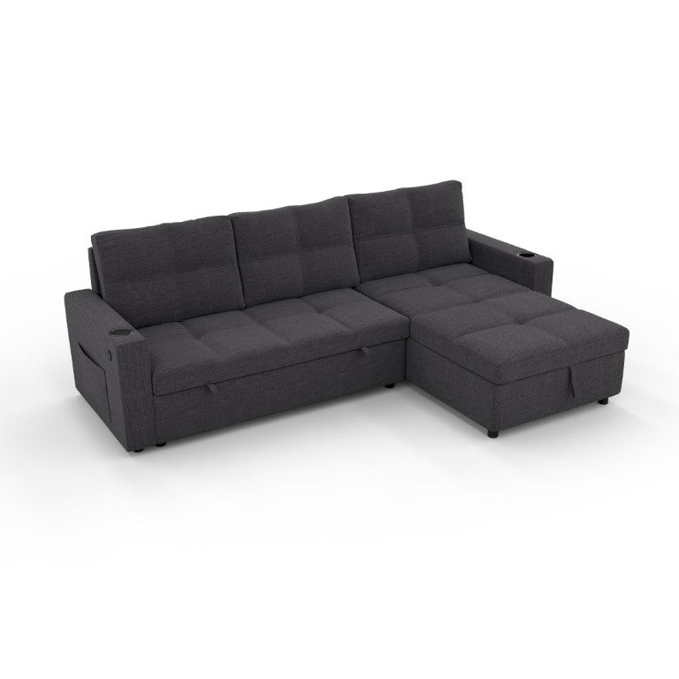 English Elm Convertible Sectional Sleeper Sofa with Hidden Storage USB Port and Cup Holders Dark Gray B347S00019