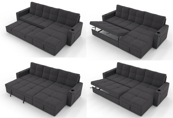 English Elm Convertible Sectional Sleeper Sofa with Hidden Storage USB Port and Cup Holders Dark Gray B347S00019