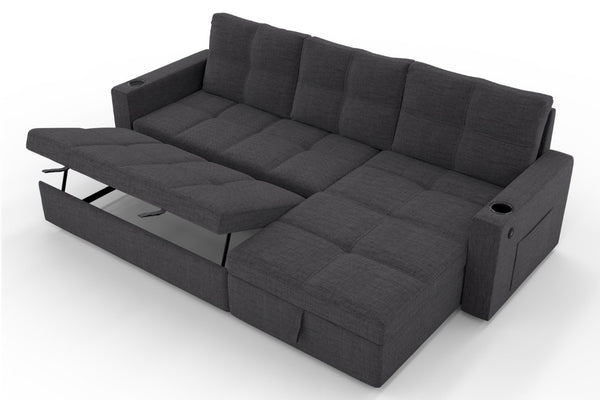 English Elm Convertible Sectional Sleeper Sofa with Hidden Storage USB Port and Cup Holders Dark Gray B347S00019