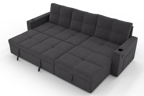 English Elm Convertible Sectional Sleeper Sofa with Hidden Storage USB Port and Cup Holders Dark Gray B347S00019