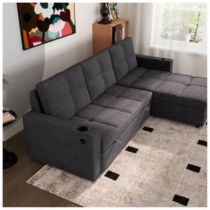 English Elm Convertible Sectional Sleeper Sofa with Hidden Storage USB Port and Cup Holders Dark Gray B347S00019