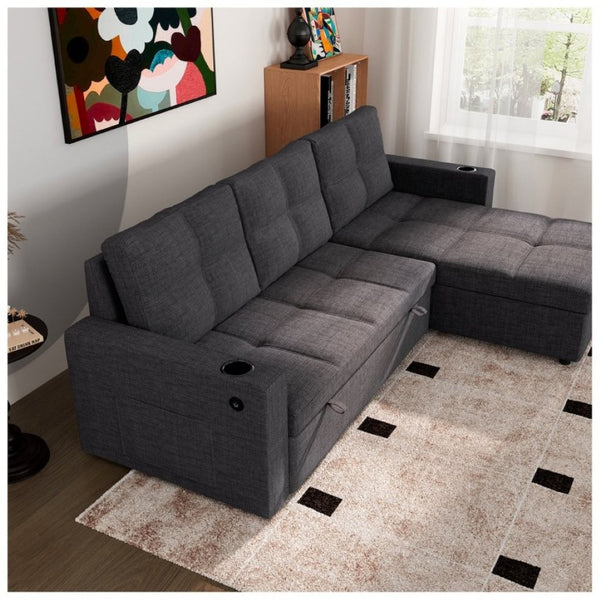 English Elm Convertible Sectional Sleeper Sofa with Hidden Storage USB Port and Cup Holders Dark Gray B347S00019