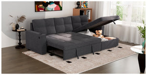 English Elm Convertible Sectional Sleeper Sofa with Hidden Storage USB Port and Cup Holders Dark Gray B347S00019