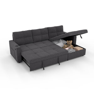 English Elm Convertible Sectional Sleeper Sofa with Hidden Storage USB Port and Cup Holders Dark Gray B347S00019