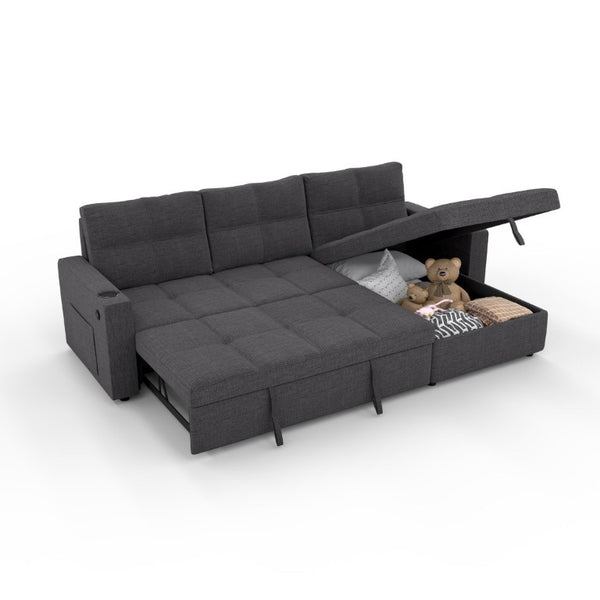 English Elm Convertible Sectional Sleeper Sofa with Hidden Storage USB Port and Cup Holders Dark Gray B347S00019