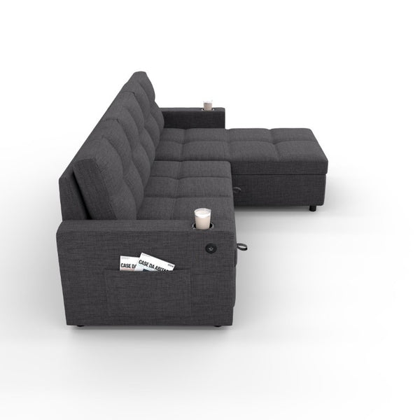 English Elm Convertible Sectional Sleeper Sofa with Hidden Storage USB Port and Cup Holders Dark Gray B347S00019