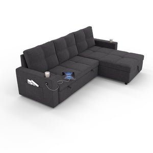 English Elm Convertible Sectional Sleeper Sofa with Hidden Storage USB Port and Cup Holders Dark Gray B347S00019