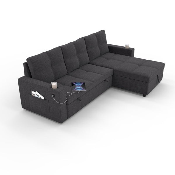 English Elm Convertible Sectional Sleeper Sofa with Hidden Storage USB Port and Cup Holders Dark Gray B347S00019