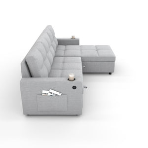 English Elm Convertible Sectional Sleeper Sofa with Hidden Storage USB Port and Cup Holders Light Gray B347S00020