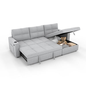 English Elm Convertible Sectional Sleeper Sofa with Hidden Storage USB Port and Cup Holders Light Gray B347S00020
