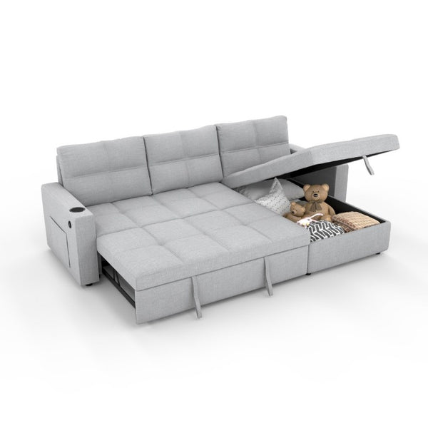 English Elm Convertible Sectional Sleeper Sofa with Hidden Storage USB Port and Cup Holders Light Gray B347S00020