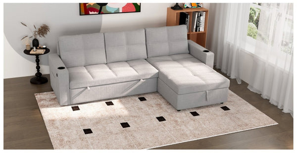 English Elm Convertible Sectional Sleeper Sofa with Hidden Storage USB Port and Cup Holders Light Gray B347S00020