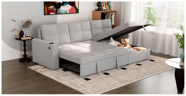 English Elm Convertible Sectional Sleeper Sofa with Hidden Storage USB Port and Cup Holders Light Gray B347S00020