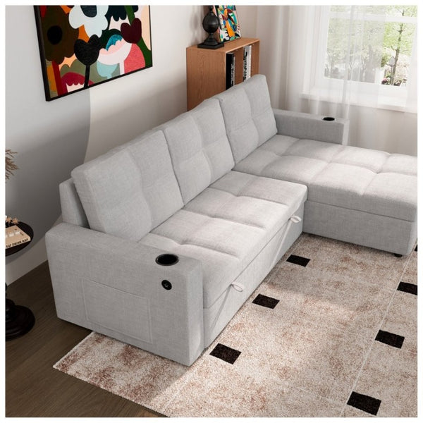 English Elm Convertible Sectional Sleeper Sofa with Hidden Storage USB Port and Cup Holders Light Gray B347S00020