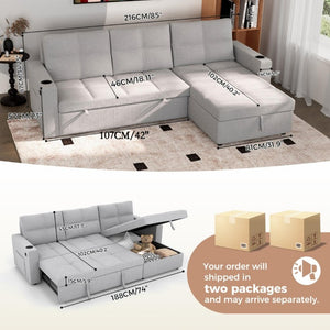English Elm Convertible Sectional Sleeper Sofa with Hidden Storage USB Port and Cup Holders Light Gray B347S00020