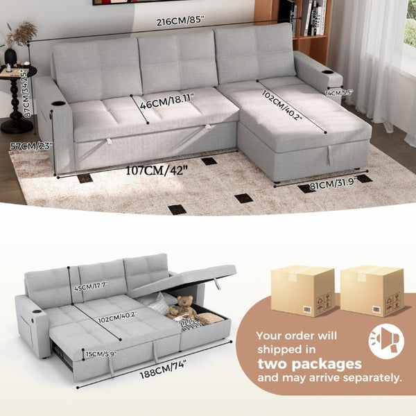 English Elm Convertible Sectional Sleeper Sofa with Hidden Storage USB Port and Cup Holders Light Gray B347S00020