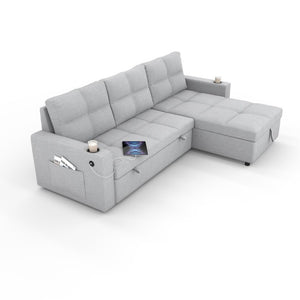 English Elm Convertible Sectional Sleeper Sofa with Hidden Storage USB Port and Cup Holders Light Gray B347S00020